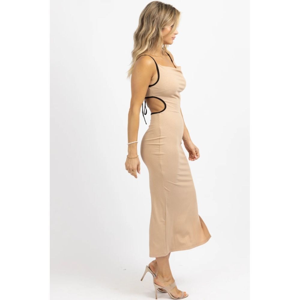 Micas Tan Ribbed Knit Cutout‎ Open Back Midi Dress with Black Piping Contrast L